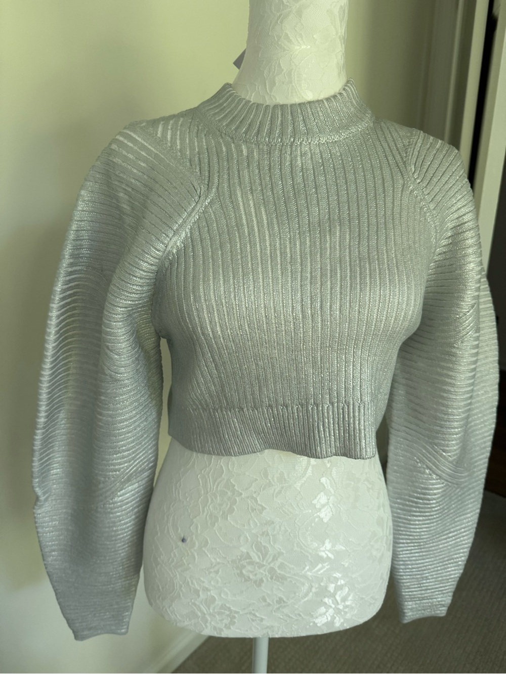 NWT Lovers And Friends Silver Metallic Ribbed Balloon-Sleeve Crop Sweater